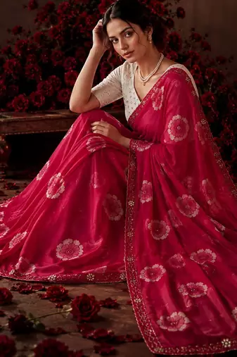 pink color smart chiffon fabric beautiful embroidered saree