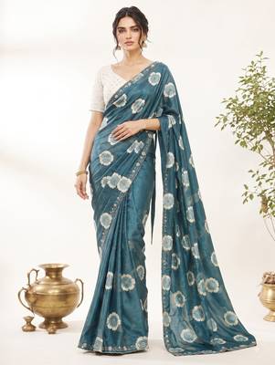 rama color smart chiffon fabric beautiful embroidered saree 1