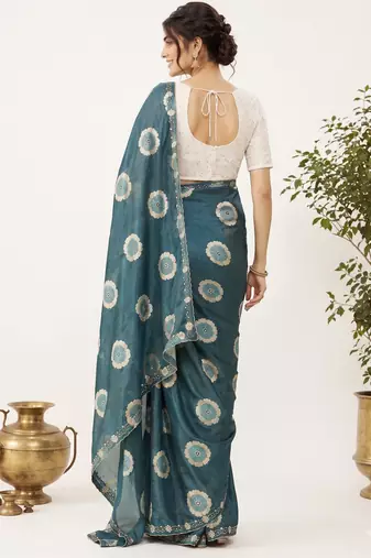 rama color smart chiffon fabric beautiful embroidered saree