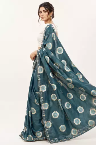 rama color smart chiffon fabric beautiful embroidered saree