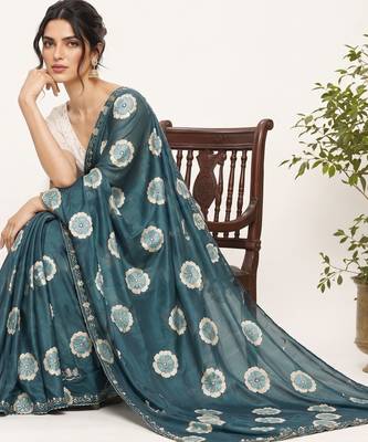 rama color smart chiffon fabric beautiful embroidered saree 5