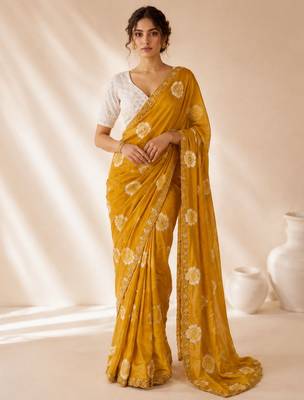mustard color smart chiffon fabric beautiful embroidered saree 1