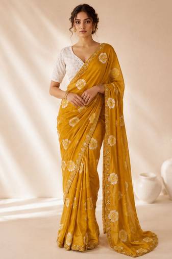 mustard color smart chiffon fabric beautiful embroidered saree