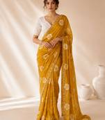 mustard color smart chiffon fabric beautiful embroidered saree