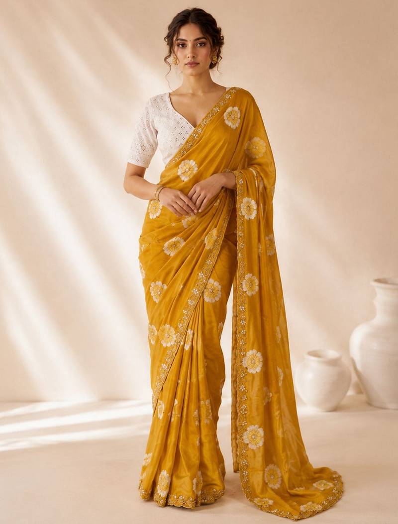 mustard color smart chiffon fabric beautiful embroidered saree