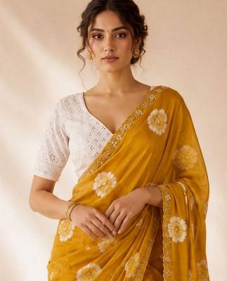mustard color smart chiffon fabric beautiful embroidered saree 3