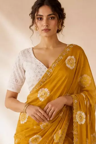 mustard color smart chiffon fabric beautiful embroidered saree