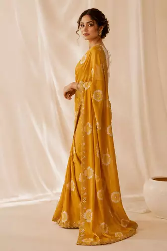 mustard color smart chiffon fabric beautiful embroidered saree