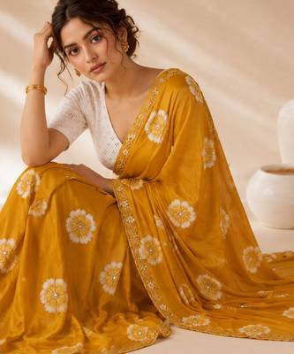 mustard color smart chiffon fabric beautiful embroidered saree 5