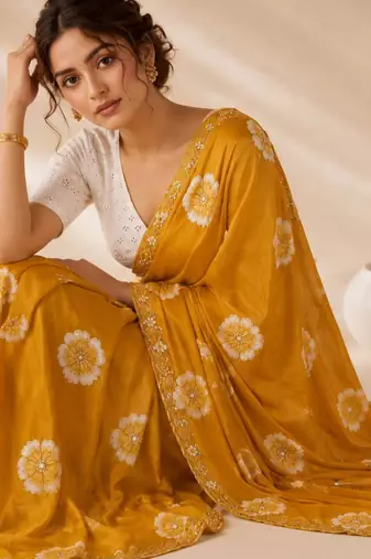 mustard color smart chiffon fabric beautiful embroidered saree