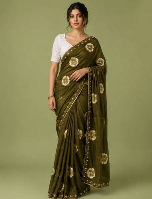 mahendi color smart chiffon fabric beautiful embroidered saree 1