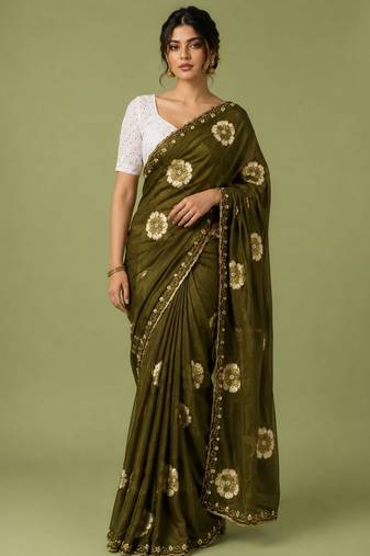 mahendi color smart chiffon fabric beautiful embroidered saree