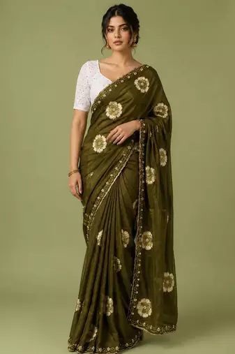mahendi color smart chiffon fabric beautiful embroidered saree