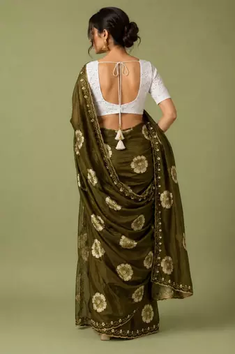 mahendi color smart chiffon fabric beautiful embroidered saree
