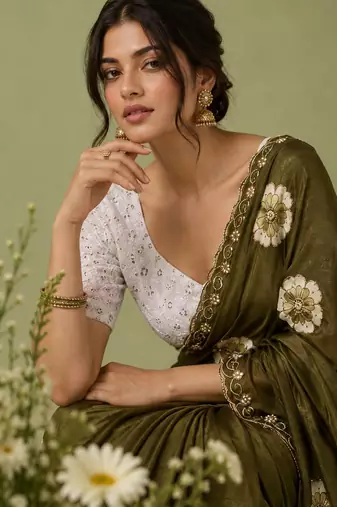 mahendi color smart chiffon fabric beautiful embroidered saree