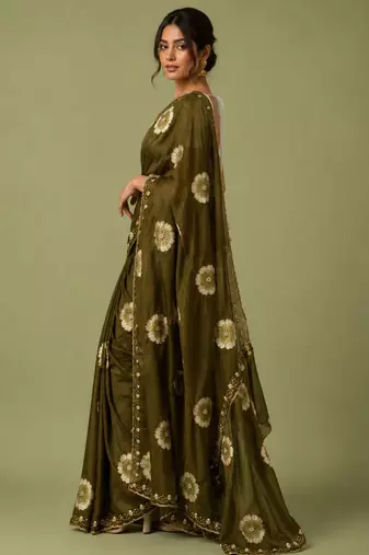 mahendi color smart chiffon fabric beautiful embroidered saree