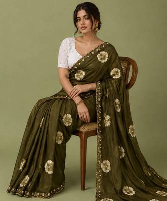 mahendi color smart chiffon fabric beautiful embroidered saree 5