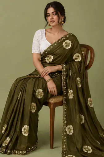 mahendi color smart chiffon fabric beautiful embroidered saree