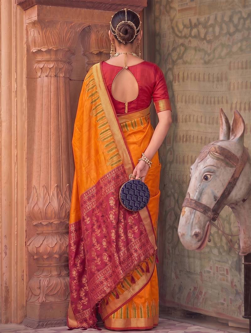 orange color soft silk blend woven designer ethnic partywear saree