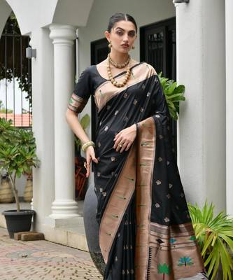 black color smart paithani woven designer banarasi silk blend saree for traditional rich looks 1