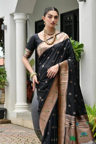 black color smart paithani woven designer banarasi silk blend saree for traditional rich looks