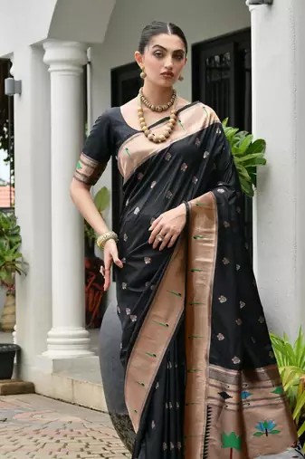 Black color smart paithani woven designer banarasi silk saree for traditional rich looks