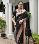 black color smart paithani woven designer banarasi silk blend saree for traditional rich looks
