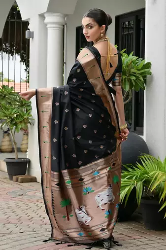 Black color smart paithani woven designer banarasi silk saree for traditional rich looks