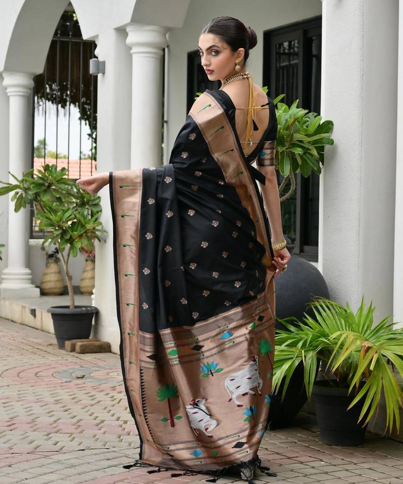 black color smart paithani woven designer banarasi silk blend saree for traditional rich looks