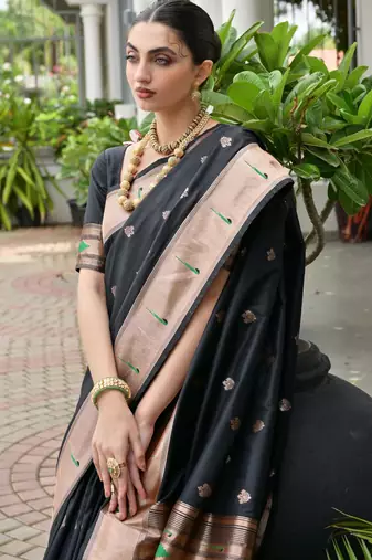 Black color smart paithani woven designer banarasi silk saree for traditional rich looks