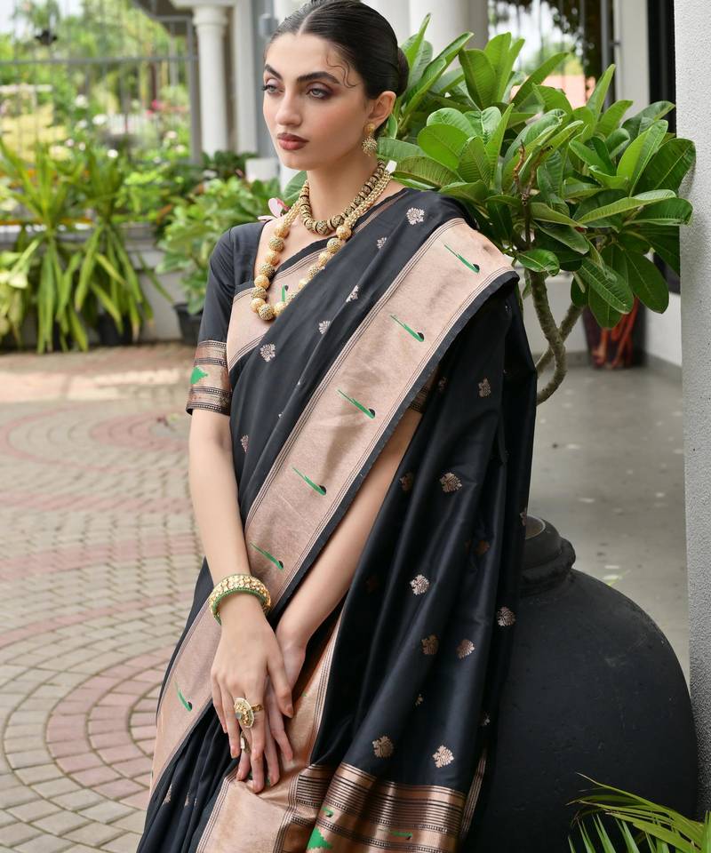 black color smart paithani woven designer banarasi silk blend saree for traditional rich looks