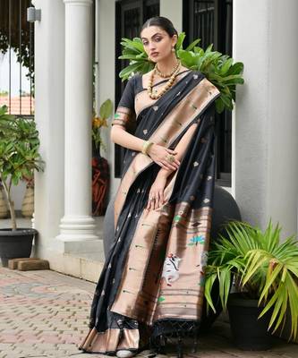 black color smart paithani woven designer banarasi silk blend saree for traditional rich looks 4