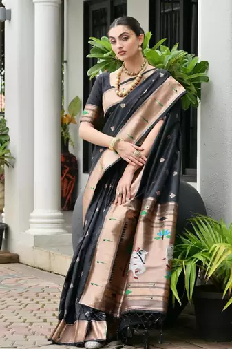 Black color smart paithani woven designer banarasi silk saree for traditional rich looks