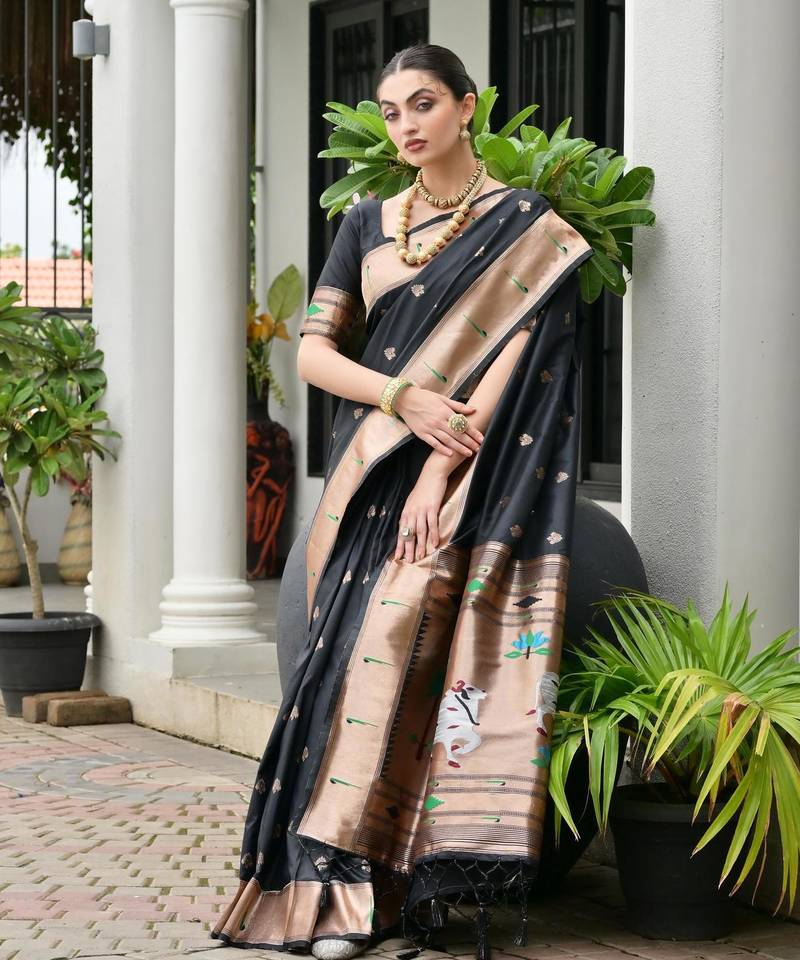 black color smart paithani woven designer banarasi silk blend saree for traditional rich looks