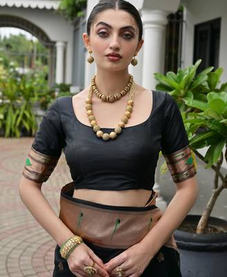 black color smart paithani woven designer banarasi silk blend saree for traditional rich looks 5