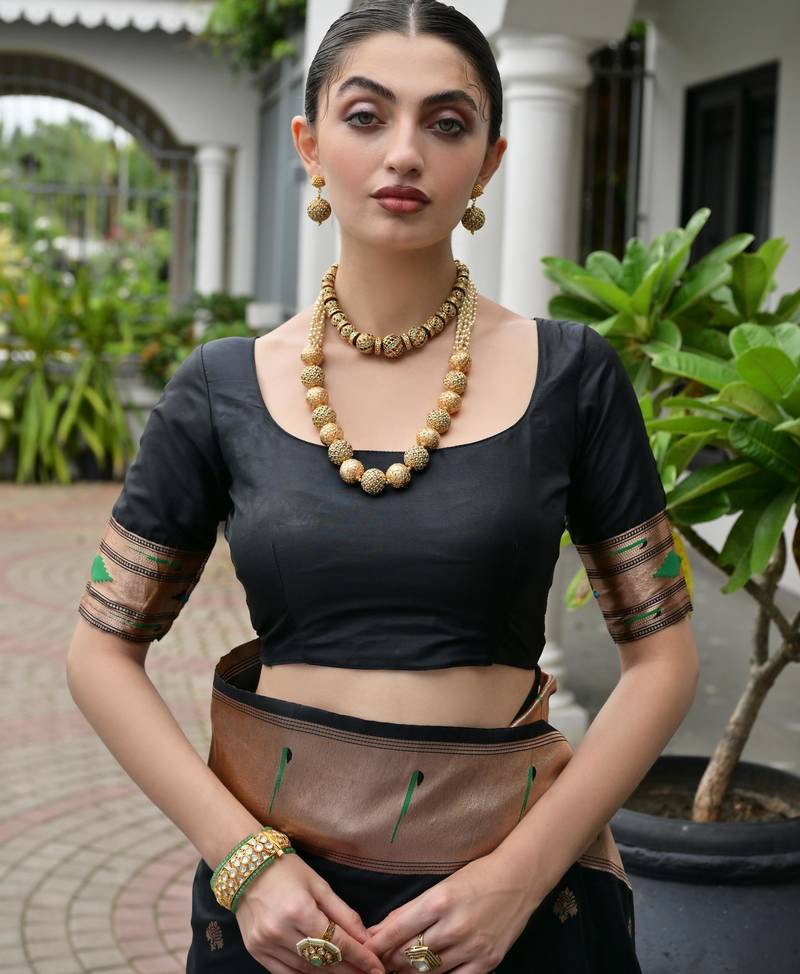 black color smart paithani woven designer banarasi silk blend saree for traditional rich looks
