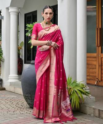 pink color smart paithani woven designer banarasi silk blend saree for traditional rich looks 1