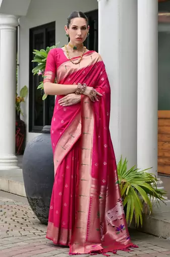 Pink color smart paithani woven designer banarasi silk saree for traditional rich looks