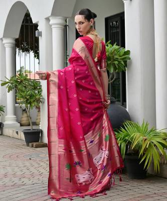 pink color smart paithani woven designer banarasi silk blend saree for traditional rich looks 2