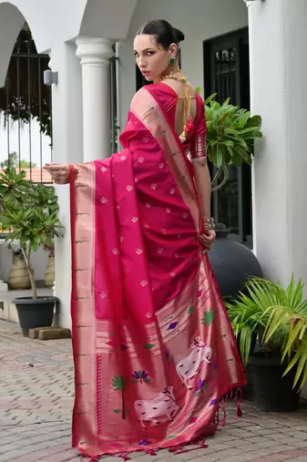 Pink color smart paithani woven designer banarasi silk saree for traditional rich looks