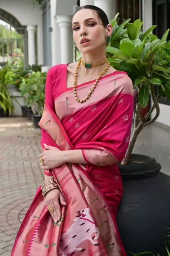 Pink color smart paithani woven designer banarasi silk saree for traditional rich looks