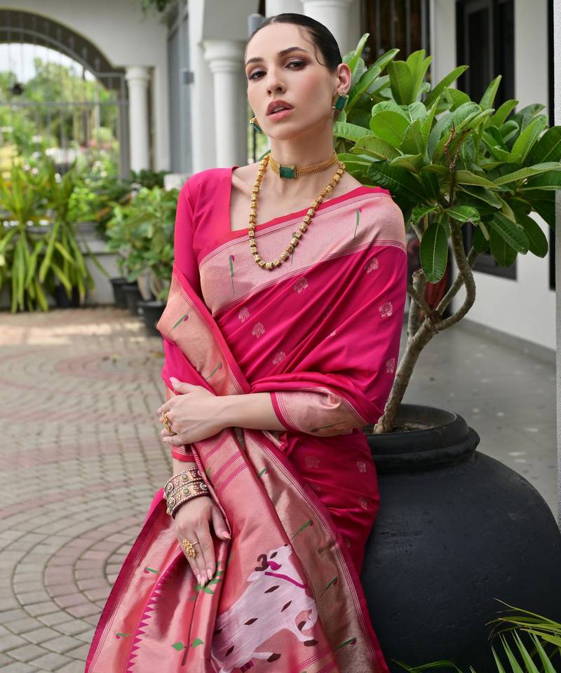 pink color smart paithani woven designer banarasi silk blend saree for traditional rich looks