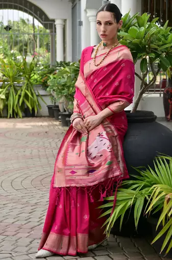 Pink color smart paithani woven designer banarasi silk saree for traditional rich looks