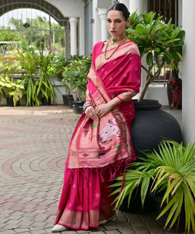 pink color smart paithani woven designer banarasi silk blend saree for traditional rich looks