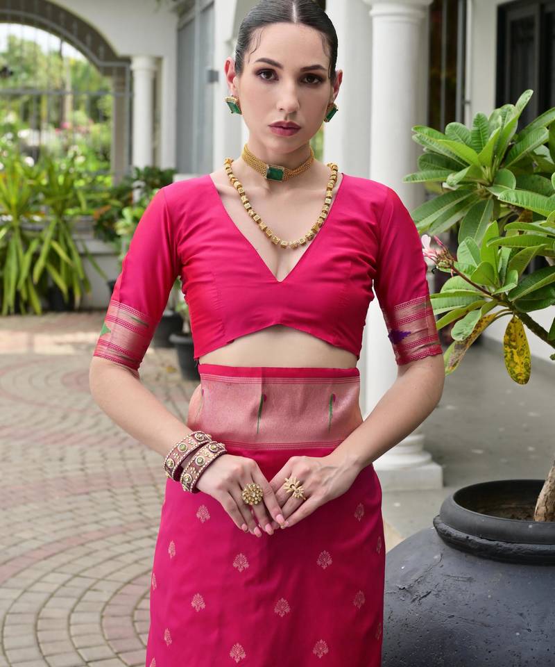 pink color smart paithani woven designer banarasi silk blend saree for traditional rich looks