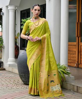 green color smart paithani woven designer banarasi silk blend saree for traditional rich looks 1