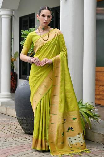 green color smart paithani woven designer banarasi silk blend saree for traditional rich looks