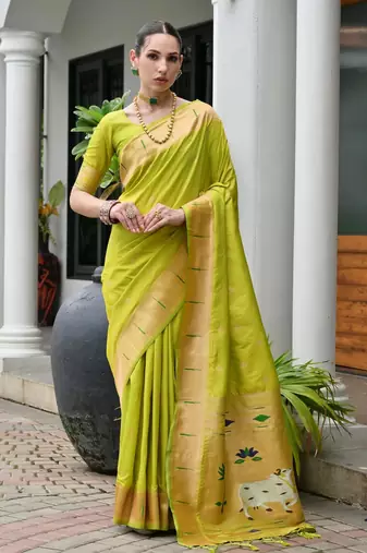 Green color smart paithani woven designer banarasi silk saree for traditional rich looks