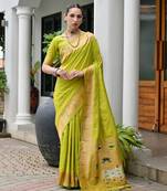green color smart paithani woven designer banarasi silk blend saree for traditional rich looks