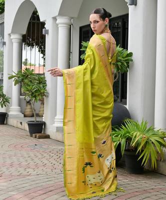 green color smart paithani woven designer banarasi silk blend saree for traditional rich looks 2